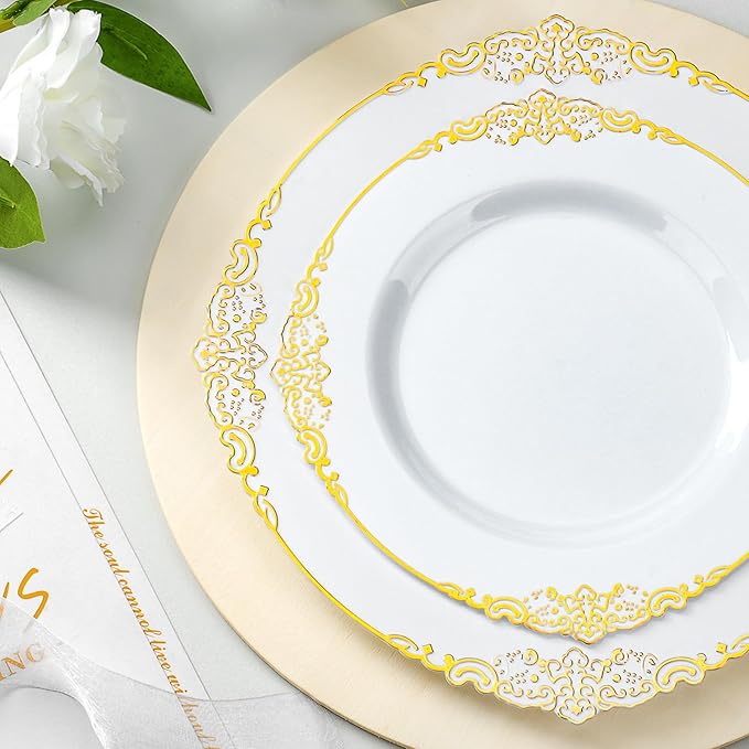 700PCS Gold Plastic Plates for 100 Guests, Disposable Dinnerware Sets Include 200 Gold Rim Plastic Plates, 100 Silverwares, 100 Cups, and 100 Pre Rolled Napkins for Party, Wedding