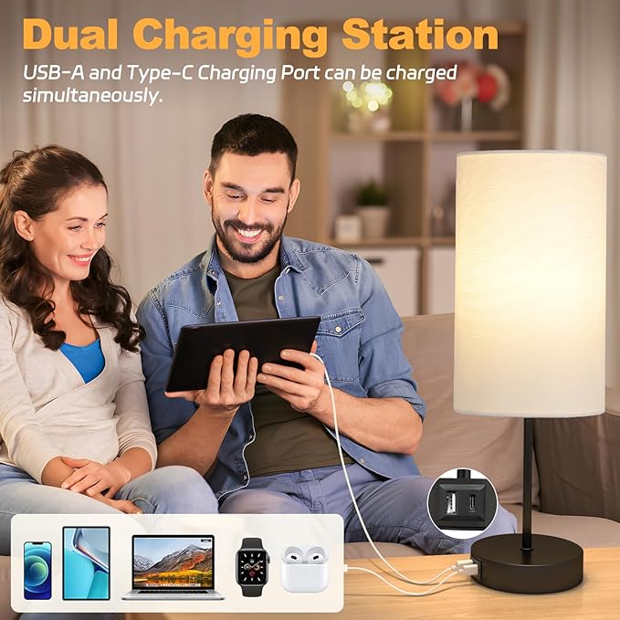 AKASUKI 18Inch Table Lamp with Dual Charging Station, 3 Way Dimmable Touch Lamp for Bedroom, Living Room, Office(LED Bulb Included)
