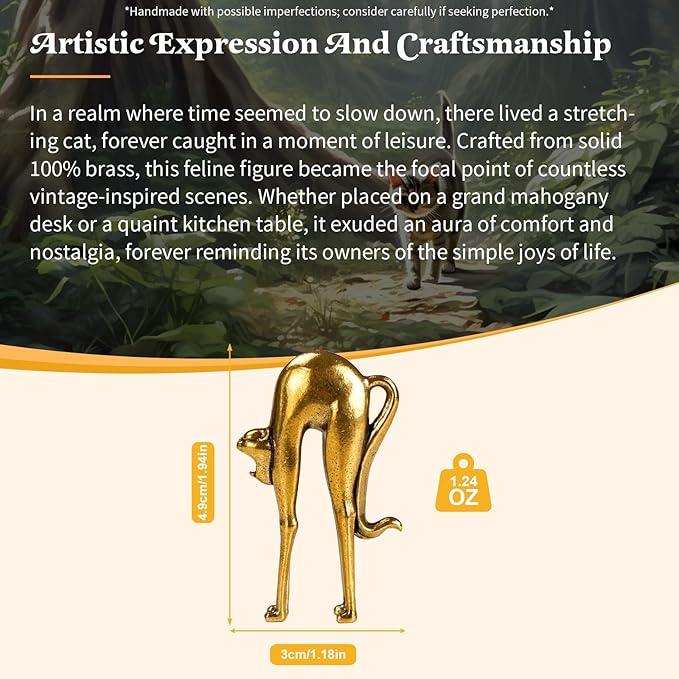 CHOVY Retro Handcrafted Stretching Cat Sculpture - 100% Solid Brass Elegant Desk & Tabletop Decor, Collectible Art Ornament for Home & Office | Unique Gift for Cat Lovers