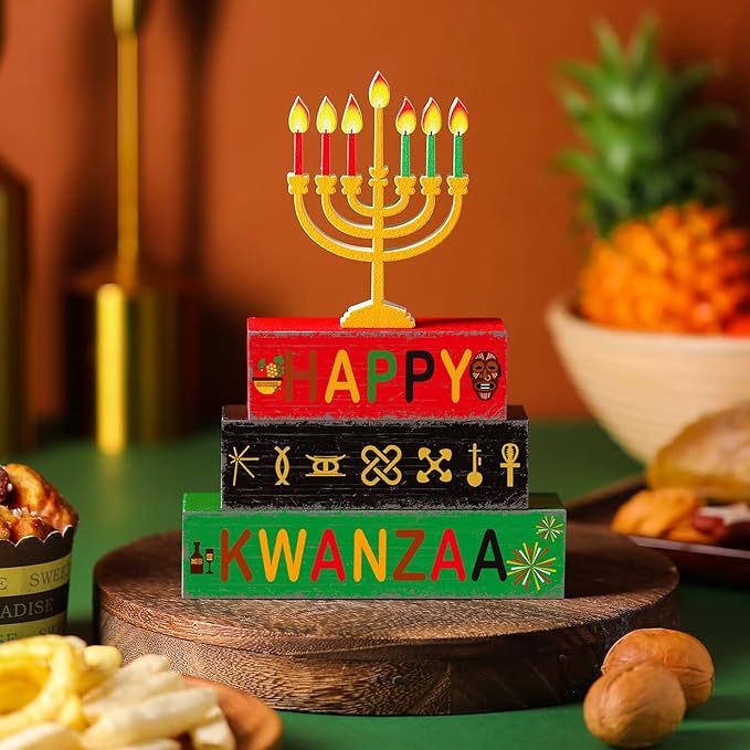 Geelin 4 Pcs Kwanzaa Wooden Table Centerpiece Set Wooden African Heritage Tiered Tray Decor Happy Kwanzaa Home Decor for Holiday Party Supplies