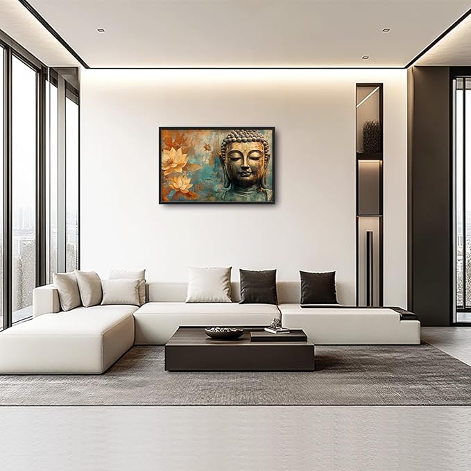 Framed Large Wall Art for Living Room, Golden Buddhist Canvas Wall Decor, Large Lotus Pictures Framed Painting, Zen Meditation Artwork for Bedroom Office Home Decor 36L'' × 24W''