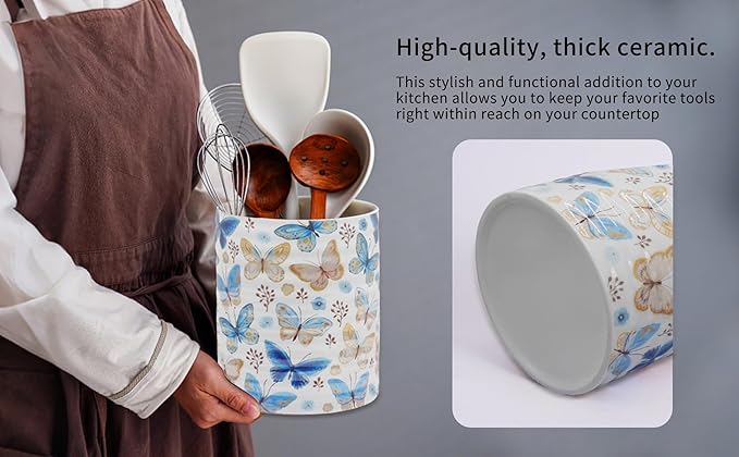 Kitchen Utensil Holder,7.2″Extra Large Stable Pattern Ceramic Utensil Crock,Utensil Organizer for Countertop,Kitchen Decor,Utensil Holder for Housewarming,Wedding Gift (Butterfly)