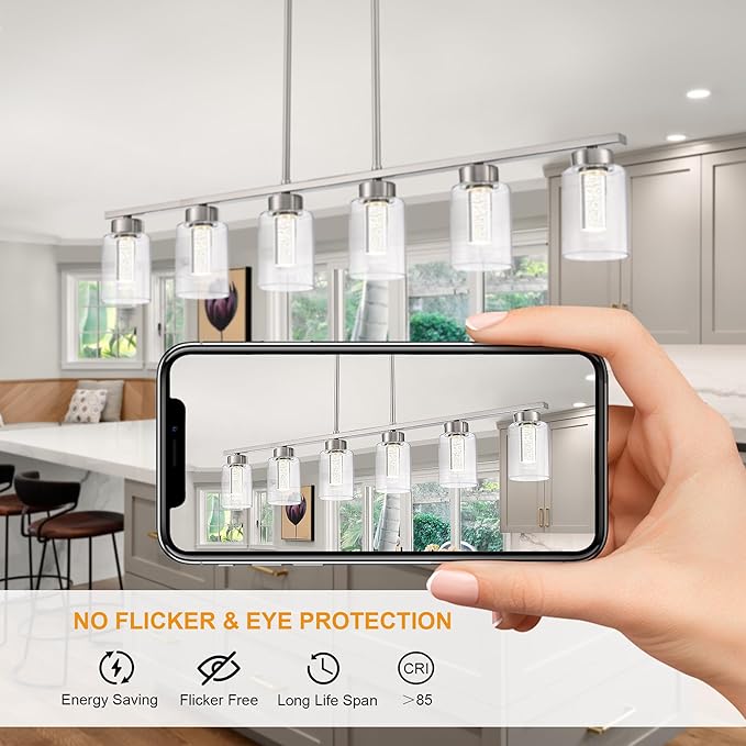 6-Lights 5CCT LED Pendant Light Fixtures LED Integrated Bulbs Included, Modern Dining Room Linear Chandelier with Bubble Crystal LED & Clear Glass Shade, Brushed Nickel Kitchen Island Light