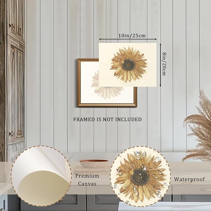 RETRART Vintage Sunflower Wall Art, Antique Sunflower Sketch Art - Botanical Drawing - Summer Farmhouse Decor, 8" x 10" Unframed Canvas Prints for Bedroom Living Room Bathroom Wall Decor