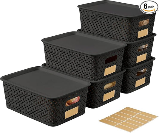 Small Plastic Twill Woven Storage Baskets with Lids, Stackable Organizing Containers with Labels for Pantry Closet Office, 6-Pack,10.35"x7.3"x4.09", Black