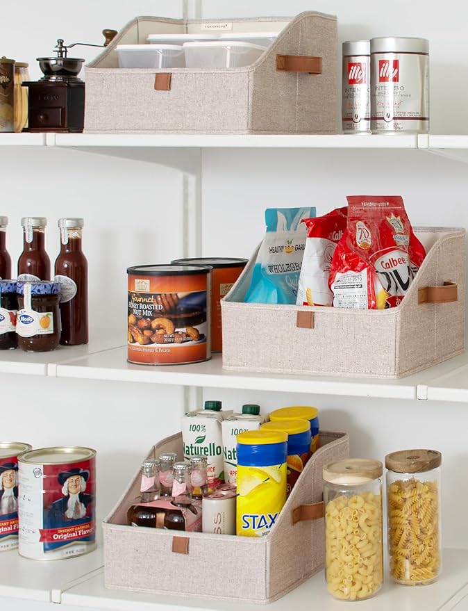 StorageWorks Closet Storage Bins, Trapezoid Organizer Box for Shelves, Fabric Clothes Bin, Foldable Organizing Baskets with Handles, Small, Brown and Beige, 3-Pack