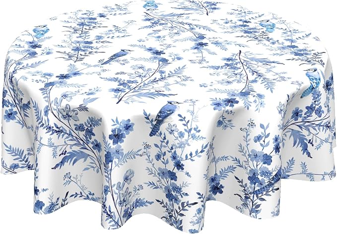 Blue Floral Round Tablecloth 60 Inch Chinoiserie Flowers Table Cloth Round Vintage Farmhouse Tablecloth Spring Blue White Floral Washable Round Table Cover for Home Picnic Dinner Table Decoration