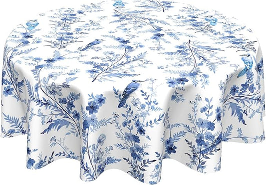 Blue Floral Round Tablecloth 60 Inch Chinoiserie Flowers Table Cloth Round Vintage Farmhouse Tablecloth Spring Blue White Floral Washable Round Table Cover for Home Picnic Dinner Table Decoration