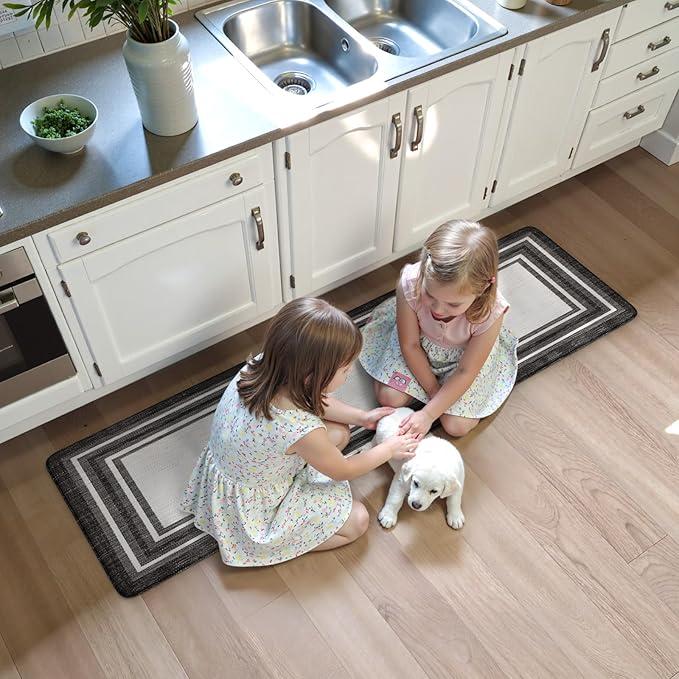 KIMODE Anti Fatigue Kitchen Mat, Cushioned Farmhouse Kitchen Runner, Non Slip Waterproof Kitchen Mat for Floor, Comfort Foam Standing Desk Mat for Laundry, Office, Sink Black 17.3"x59"