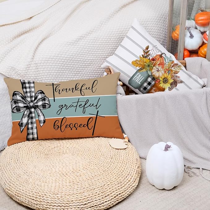 AACORS Fall Pillow Covers 12 x 20 Inch Set of 4, Pumpkin Home Sweet Home Thankful Grateful Blessed Harvest Floral Decorations Autumn Seasonal Pillow Case Decor for Sofa Couch AA275-12