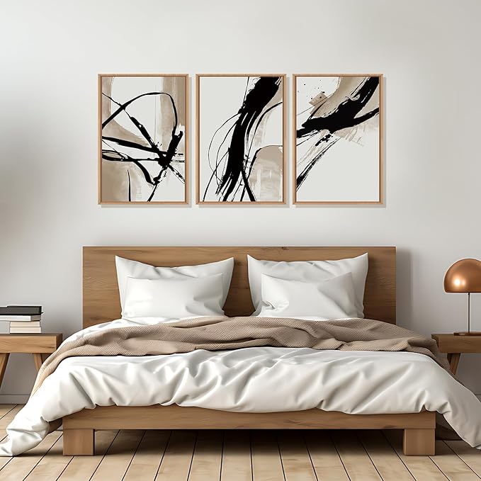 HOURIA Large Abstract Tan and Black Brush Stroke Framed Canvas Wall Art Set,Textured Beige Circle Wall Decor,Minimalism Brown Ink Line Artwork,Modern Shape Art Print for Living Room,Bedroom- 16"x24"x3