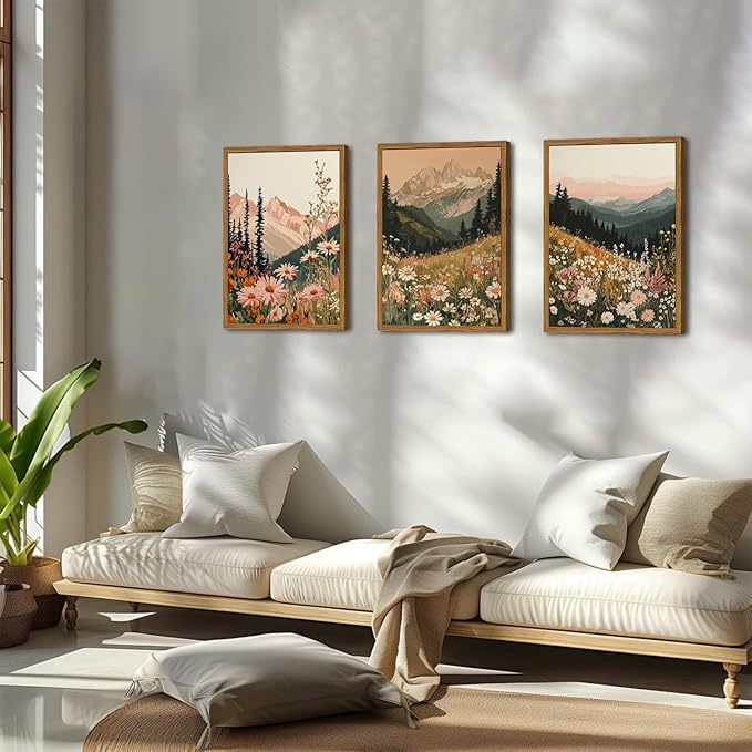 Framed Boho Colorful Wildflower Landscape Wall Art Set of 3, Vintage Floral Mountain Wall Decor Paintings, Nature Flower Pictures Canvas Prints for Living Room Bedroom Office 16x24 inch