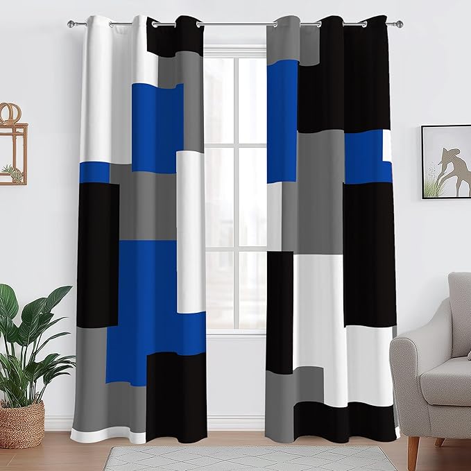 Blue Gray 100% Blackout Curtains for Bedroom 96 inch Length 2 Panels Set White Grey Modern Abstract Geometric Black Out Curtains Insulated Room Darkening Window Drapes for Living Room, 42Wx96L