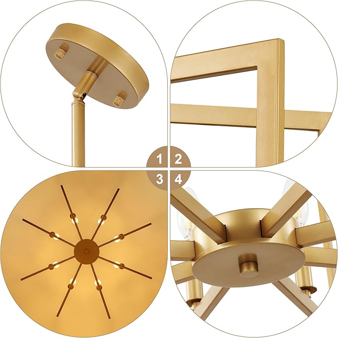 8-Light Modern Farmhouse Gold Geometric Chandelier, Large Industrial Metal Kitchen Light Fixtures, Rustic Cage Hanging Lights for Dining Room Entryway Foyer Living Room Stairway