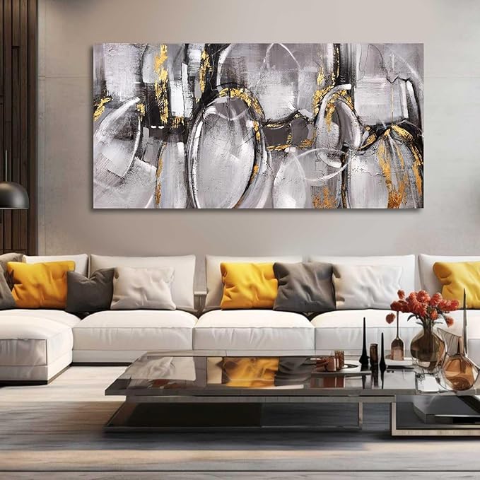 XIANSHOU Black and Grey Painting Pictures Abstract Wall Decor for Office 29"x 58" Modern Artwork Gold Foil Wall Art for Living Room Dining Room Bedroom