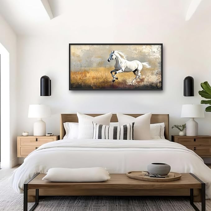 Extra Large Framed Horse Wall Art,Oversized Rustic Horse Running Wall Decor, Vintage Wild Animal Field Pictures for Living Room,Canvas Print Painting Modern Artwork Bedroom Office 60L"x30W"