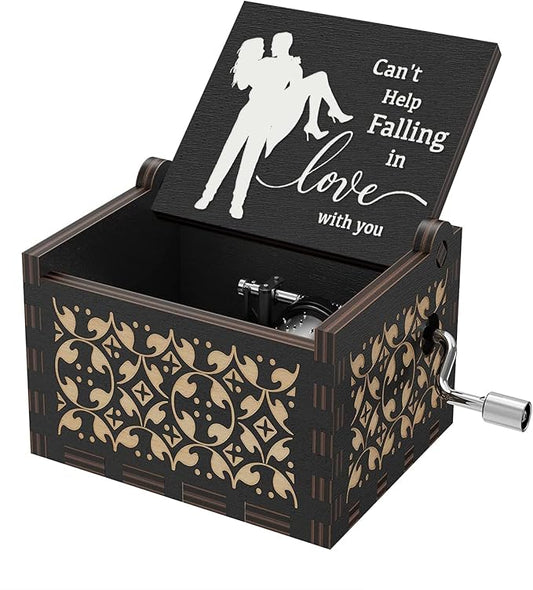 Can't Help Falling in lo Wood Hand Crank Music Box Cute Black mini Musical Anniversary Wedding Valentine's Day Gift for her him Love One Lover, Boyfriend, Girlfriend, Husband, Wife,Women