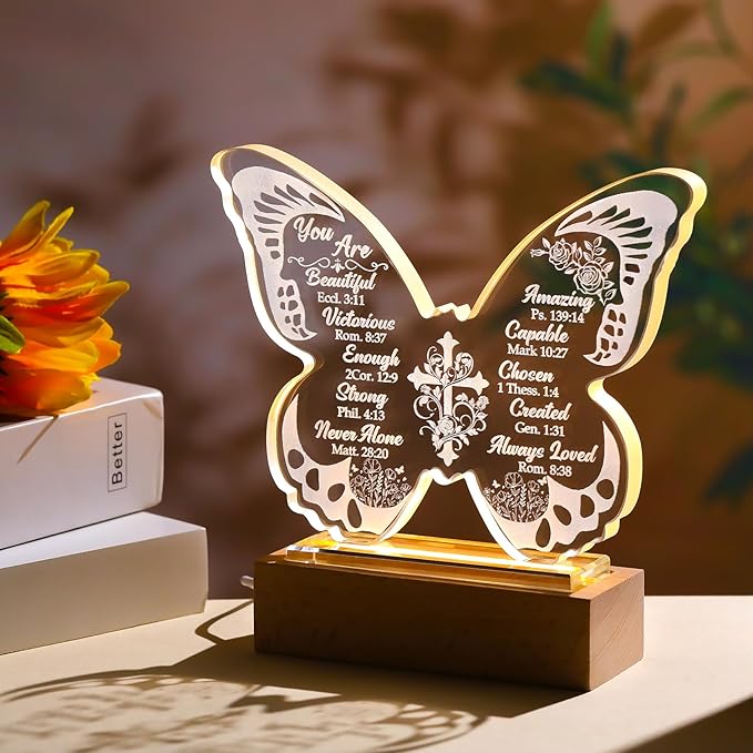 Ornalrist Christian Gifts for Women - Butterfly Inspirational Religious Gifts with Bible Verses and Prayers Rose Cross for Her, Mom, Friend, Sister - Religious Glass Keepsake Warm LED Light Base