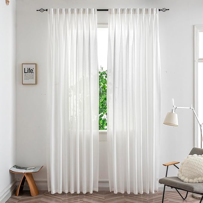 Off White Thick Linen Semi Sheer Pinch Pleated Curtains 96 Inches Long, 50 Inches Width, Elegant Light Filtering Drapes Set of 2, Window Curtain with Hooks