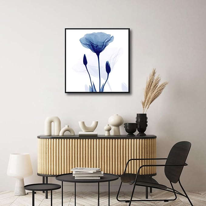 Pyradecor Large Black Framed Canvas Wall Art Abstract Blue Flickering Flower Modern Grace Floral Pictures Paintings Artwork for Bedroom Office Home Decorations