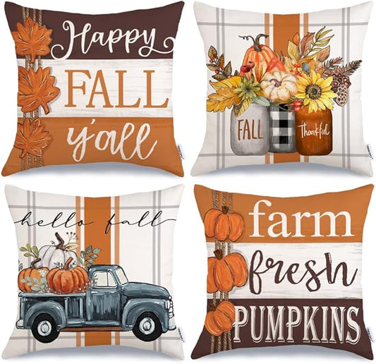 GEEORY Fall Pillow Covers 20 x 20 Inch Set of 4, Happy Fall Y'all Stripes Pumpkins Mason Jar Thankful Decor, Cushion Cases for Farmhouse Home Party Sofa Couch (Brown) G355-20