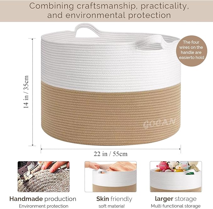Storage Baskets for Organizing D22"H14" Large blanket basket laundry basket Cotton Rope Woven Basket for toy towl in Living Room (Jute/Beige) XXXL