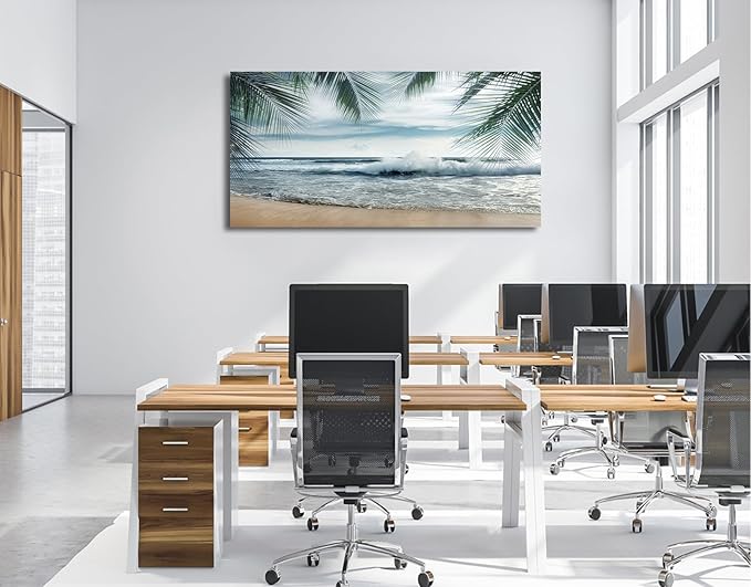 arteWOODS Tropical Beach Canvas Wall Art - Ocean Waves Pictures Coastal Oceanic Blue Sky Sea Print Seaside Palm Tree Leaves Scene Painting Artwork Living Room Bedroom Office Home Decor 29" x 58"