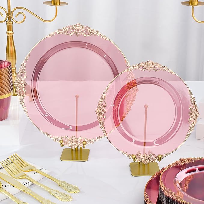 350 PCS Burgundy and Gold Plastic Plates, Disposable Dinnerware Set for 50 Guests, 100 Disposable Plates, 150 Silverwares, 50 Cups, 50 Napkins for Wedding, Party, Graduation