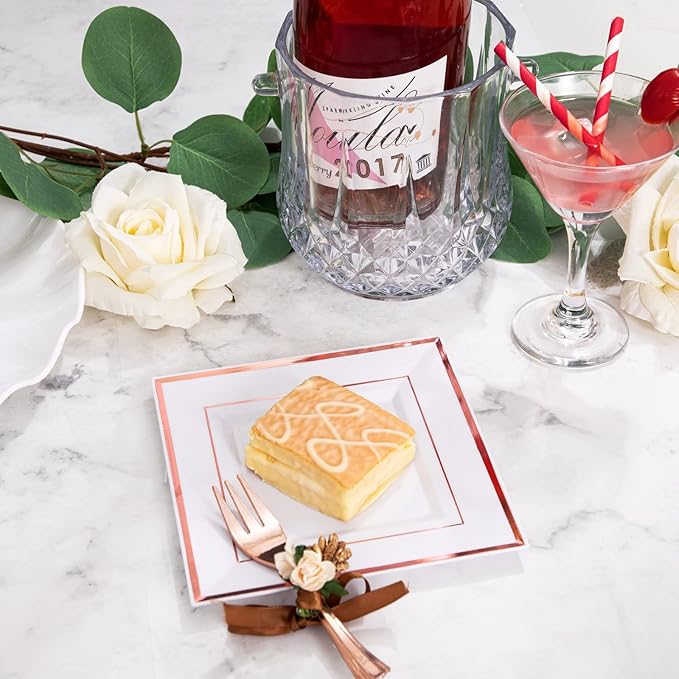 WDF 86pcs Rose Gold Dessert Plates 6" with 86 Pieces Disposable Forks 5", Elegant Square Appetizer Small Plastic Plates for Mother's Day, Wedding