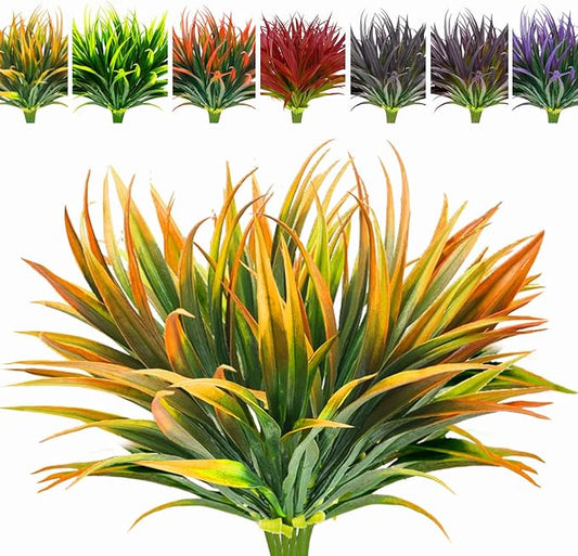 8pcs Artificial Fall Flowers Outdoor Decoration, Fake Fall Plants Outdoor Faux Yellow Grass, UV Resistant Bushes & Shrubs for Autumn Winter Front Porch Pathway Patio Yard (Orange)