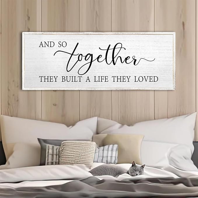 And So Together They Built A Life They Loved Wall Decor 40”X15” Rustic Master Bedroom Large Wood Framed Sign Above Bed Modern Farmhouse Quotes Couple Wall Art Over Bed Hanging Decoration (White)