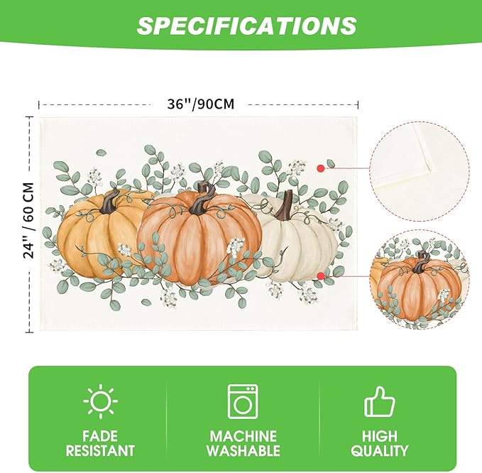 Artoid Mode Pumpkins Eucalyptus Leaves Fall Placemats, 24x36 Inch Extra Large Table Mats for Kitchen Countertop Protector Dining Decoration