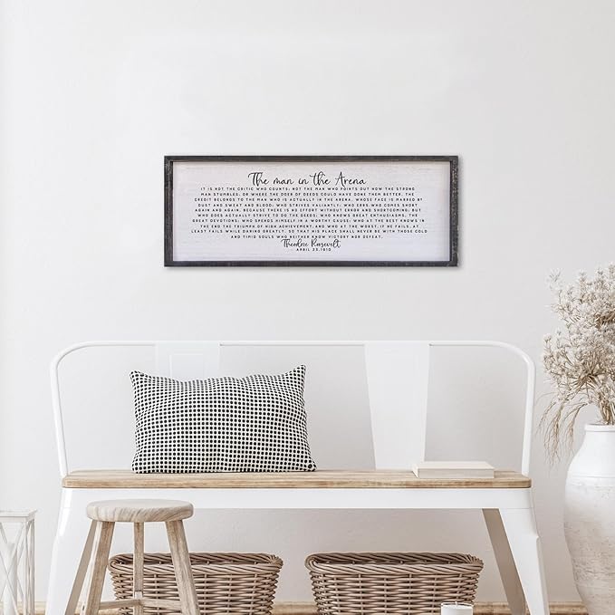 Surfapans The Man In The Arena Wall Decor 40"x15" Morden Office Motivational Wood Framed Sign For Men Large Farmhouse Living Room Inspirational Quotes Positive Speech Home Wall Decoration (Black)