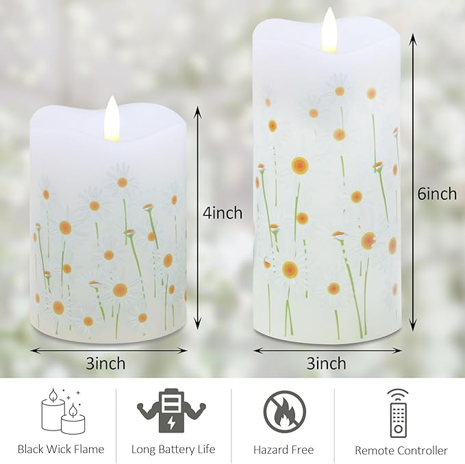 Eywamage White Floral Flameless Pillar Candles with Remote, Flickering Spring Daisy Battery LED Candles Set of 2