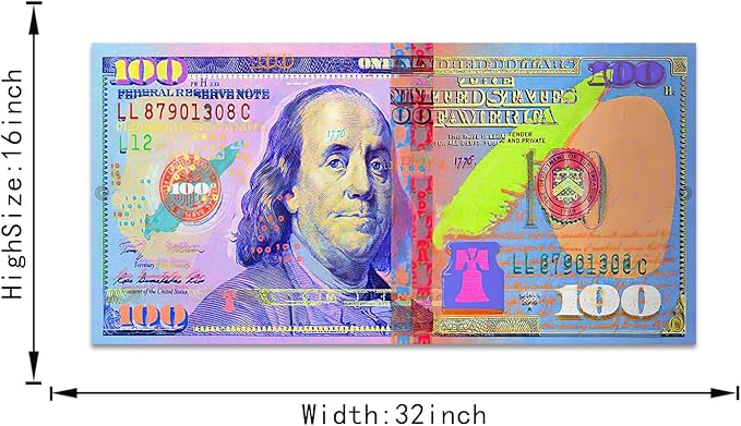 Office Artwork Wall Decor 100 Dollar Money Wall Art Giclee Canvas Paintings Prints Men Canvas Artwork Abstract Creative 100 Bill Art Print for Living Room Bedroom Decor Framed Easy to Hang- 32"Wx16"H