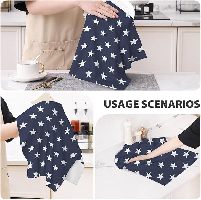 4th of July Kitchen Towels 16x24 Inch Navy Blue Red Patriotic Stars Decor Dish Towels American Independence Day Decoration Hand Towels Absorbent Dish Cloths for Home Kitchen Dining Set of 2