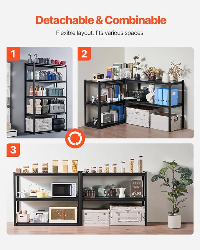 VEVOR Storage Shelves, 3000 lbs, 5 Tier Garage Storage Shelving, 18" D x 48" W x 78" H Adjustable Metal Shelves for Garage Shelves Utility Rack Shelf, Ideal for Kitchen, Warehouse, Basement, Black