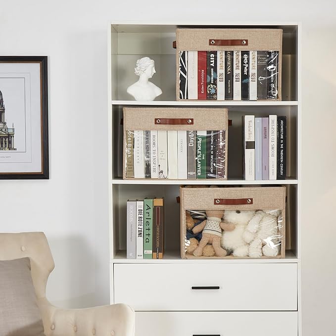 Extra Large Storage Baskets with Clear Window, See Through Closet Organizer with PU Handles, Linen Foldable Storage Bins for Organizing Clothes, Toys, Books (Khaki)