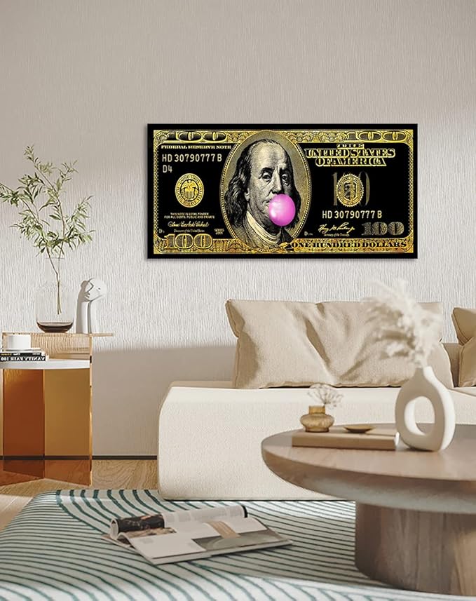 Black Golden Inspirational Office Canvas Art Benjamin Franklin 100 USD Dollar Funny Pop Wall Art Abstract Creative Money Artwork Gift Choice for Men Workplace Gym Decor Framed Easy to Hang-40 Wx20 H