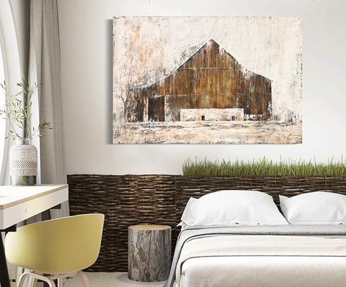 Yihui Arts Rustic Wall Decor Old Barn Canvas Wall Art Hand Painted Vintage Farmhouse Painting Pictures For Living Room