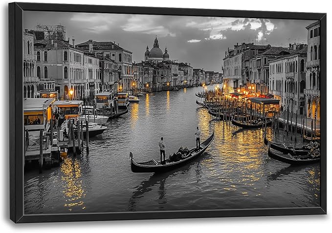 Olivine Italy Large Wall Art, Venice City Pictures Wall Decor, Black and White Painting, Cityscape Canvas Prints, Framed Artwork for Dining Room Living Room Bedroom Bathroom Office Home Decor 36"x24"