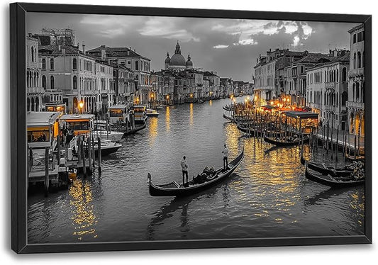 Olivine Italy Large Wall Art, Venice City Pictures Wall Decor, Black and White Painting, Cityscape Canvas Prints, Framed Artwork for Dining Room Living Room Bedroom Bathroom Office Home Decor 36"x24"