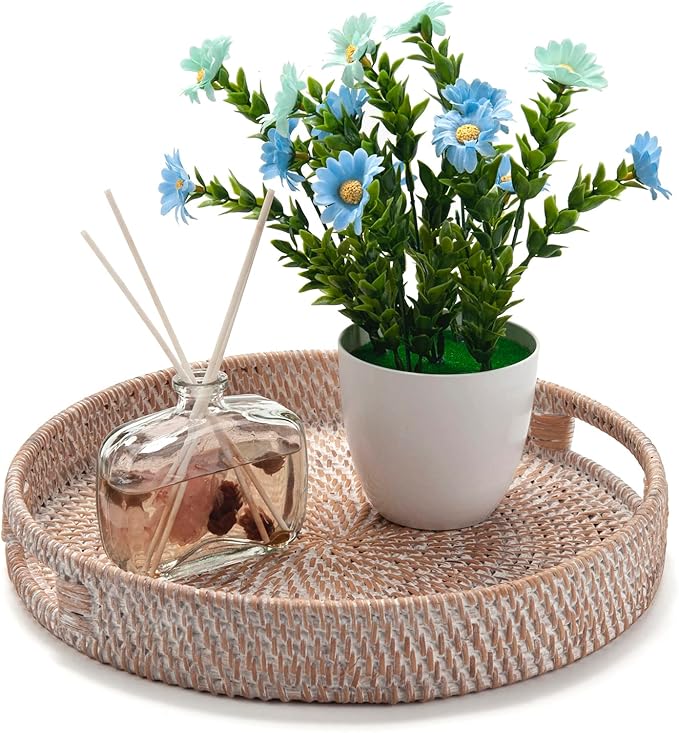 Round Rattan Serving Tray Decorative Woven Ottoman Trays with Handles for Coffee Table White (Small 11.8 inch x 2.4 inch)