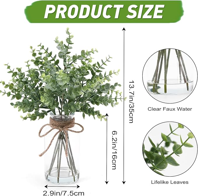 Artificial Eucalyptus Stem in Vase,Realistic Small Fake Eucalyptus Plant for Coffee Table Farmhouse Shelf Bathroom Home Office Decor