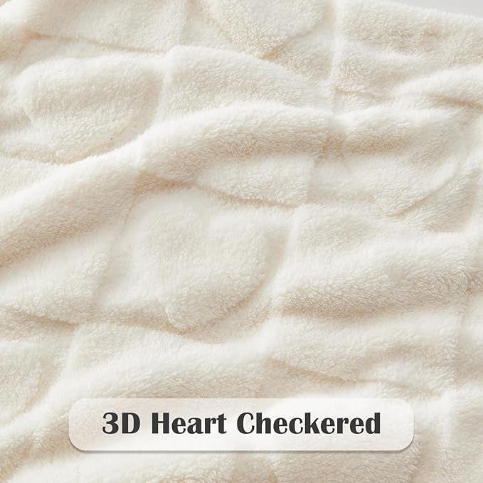 NEWCOSPLAY Super Soft Twin Blanket Ivory Love Premium Silky Flannel Fleece 3D Heart Checkered Lightweight Bed Blanket All Season Use (Ivory Love, Twin(60"x80"))