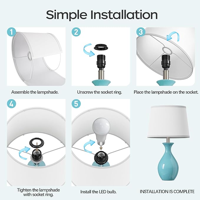 PARTPHONER Table Lamp Set of 2, Modern Ceramic Bedside Lamps for Night Stands, Classic Small Lamp Nightstand Lamp for Bedroom Living Room Desk End Table Rocker Swtich Sky Blue