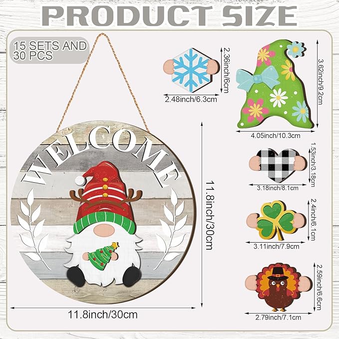Qunclay Interchangeable Wooden Gnome Decor Holiday Seasonal Gnome Decorations with Magnet Pieces and Detachable Hats Changeable Welcome Sign for Home(Yellow and Grey)
