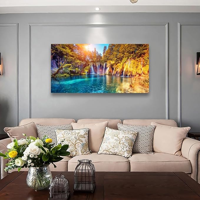 Lake Water Pictures Canvas Wall Art for Living room Bedroom Wall Decor,Waterfall Wall Art Print Paitnings for home Decor,Morden Artwork Sunset Tree Canvas Art Waterproof Stretched Ready to Hang 28x57"
