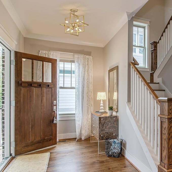 Small Modern Lantern Chandeliers,Geometric Gold Pendant Light Fixture,8-Light Industrial Hanging Chandelier for Dining Room, Living Room,Kitchen, Bedroom, Foyer, Hallway, UL Listed