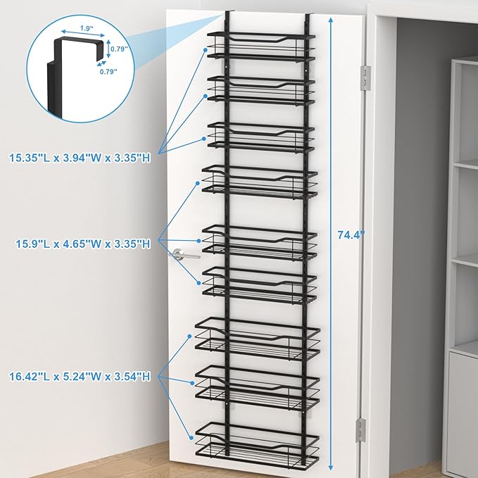 9-Tier Over The Door Pantry Organizer, Metal Pantry Organizers and Storage with Adjustable Basket, Spice Rack Seasoning Shelves, Over the Door Organizer for Pantry Kitchen Laundry Bathroom